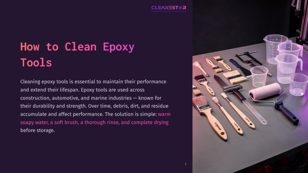 Various Epoxy Tools, Including Brushes, Rollers, And Measuring Cups, Are Neatly Arranged On A Dark Surface, With Text Overlayed On The Left Side Of The Image Reading &Quot;How To Clean Epoxy Tools.