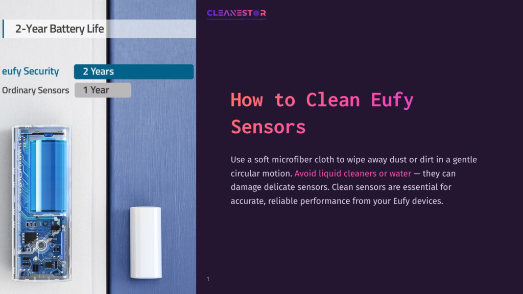 Infographic On How To Clean Eufy Sensors. Features Eufy Battery Life And Sensor Information, With Instructions To Use A Soft Microfiber Cloth And Avoid Liquid Cleaners Or Water.