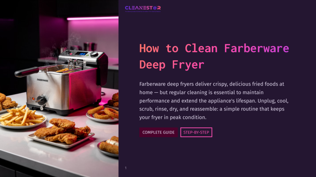 1 How To Clean Farberware Deep Fryer A Stainless Steel Farberware Deep Fryer On A Kitchen Counter, Filled With Hot Oil And Steaming, With Freshly Fried Chicken Tenders And Onion Rings On Plates Nearby. The Text &Quot;Cleanestor How To Clean Farberware Deep Fryer&Quot; Is Visible.