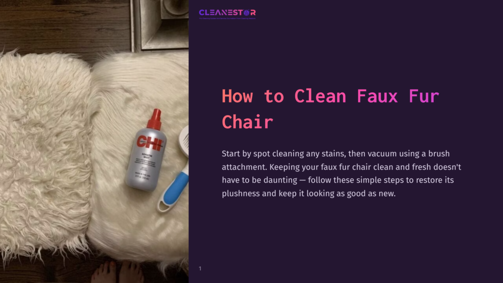 A Bottle Of Cleaning Solution, A Brush, And A Vacuum Cleaner Attachment On A White Faux Fur Chair, With A Dark Purple Background.
