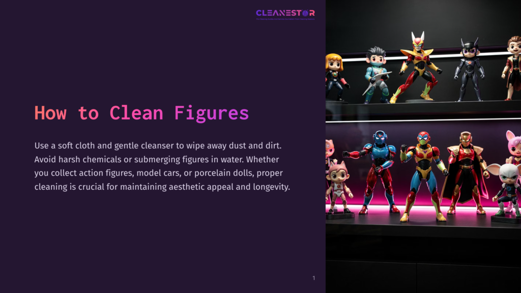 1 How To Clean Figures A Display Of Various Action Figures And Dolls In Vibrant Colors, Arranged On Shelves With A Backdrop Of Dark Purple And Lighting Highlights.