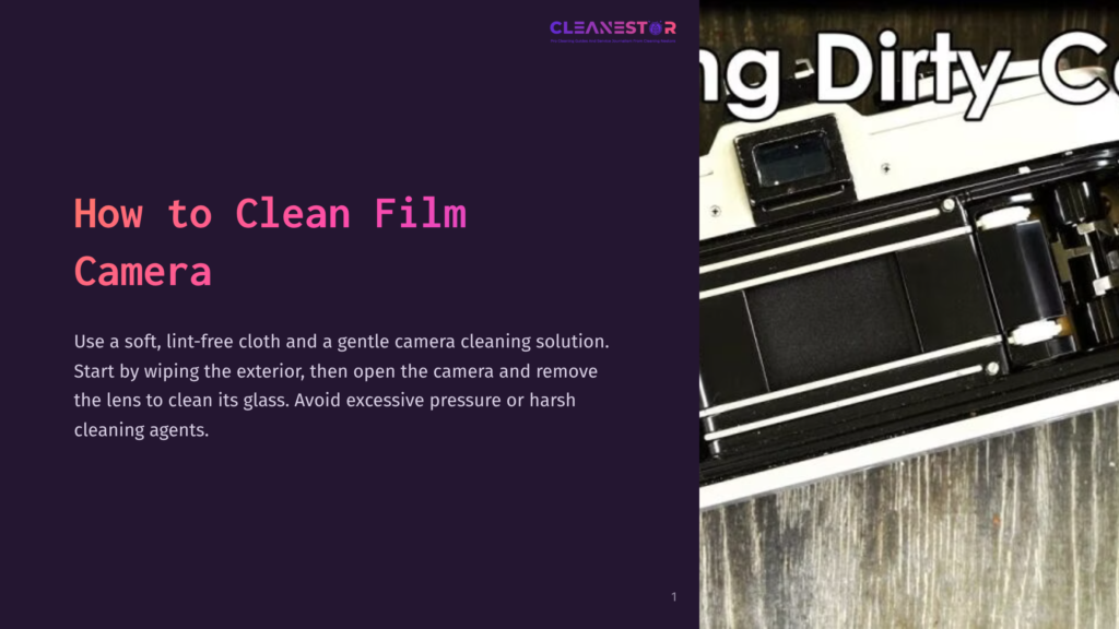 A Film Camera On A Wooden Surface, Partially Opened, With Cleaning Tools Like A Microfiber Cloth And A Cleaning Solution Nearby.