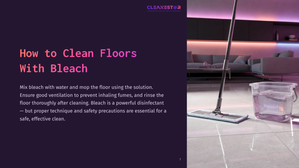 1 How To Clean Floors With Bleach A Mop And Bucket Are Positioned On A Shiny Tile Floor, With A Purple Background. The Mop Head Is Submerged In The Bucket Of Liquid.