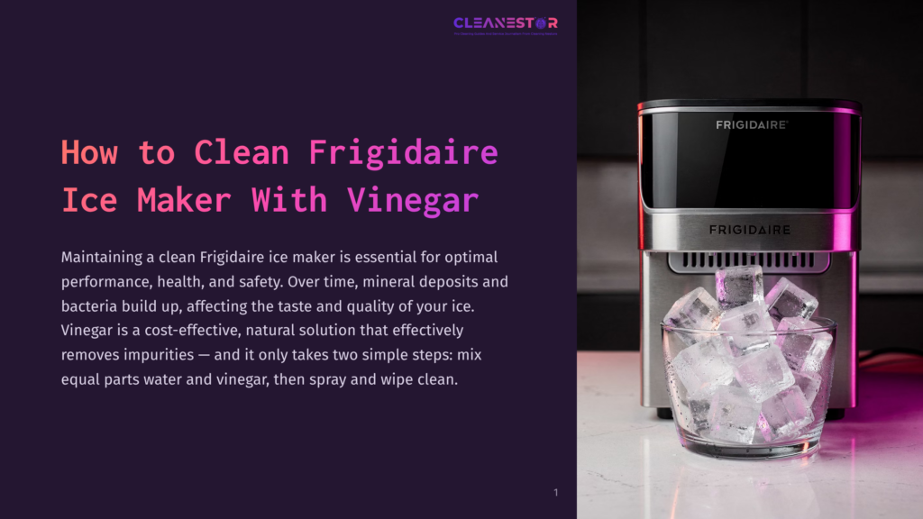 Frigidaire Ice Maker With A Glass Full Of Ice In The Foreground, Pink And Purple Lighting Accenting The Scene.