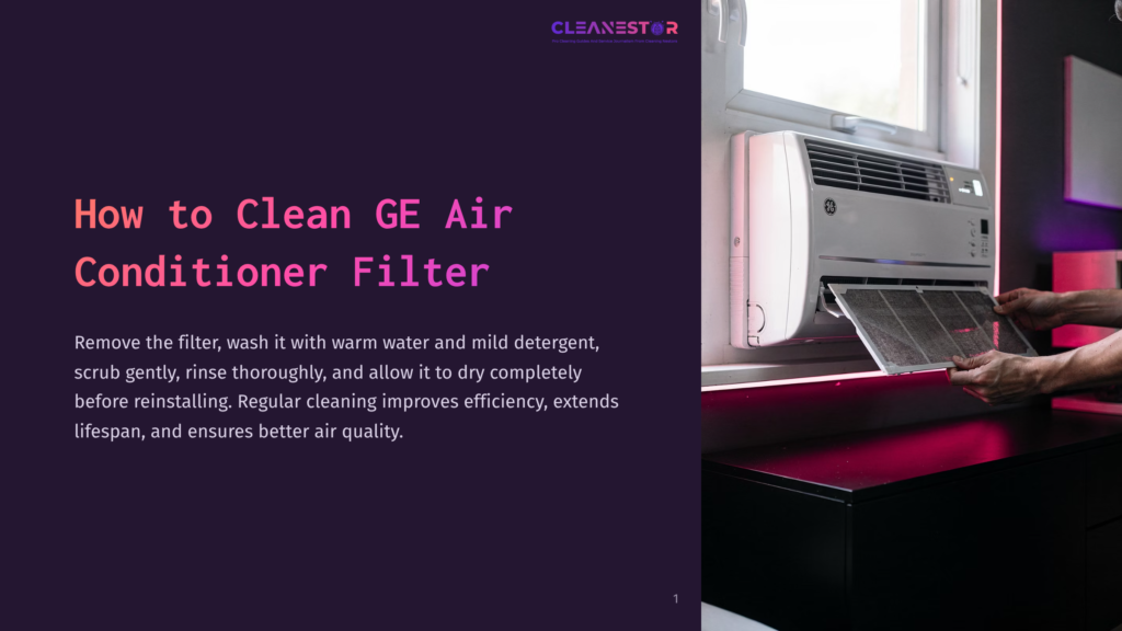 1 How To Clean Ge Air Conditioner Filter Hands Carefully Remove A Dusty Ge Air Conditioner Filter From A White Window Unit, Illustrating How To Clean Ge Air Conditioner Filters For Improved Efficiency And Air Quality.