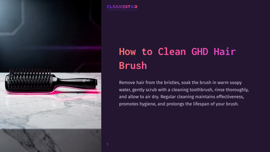 1 How To Clean Ghd Hair Brush A Black Ghd Hair Brush With Pink Neon Lighting Against A Marble Surface, With Text Overlay &Quot;How To Clean Ghd Hair Brush&Quot; And &Quot;Cleanestor&Quot;.