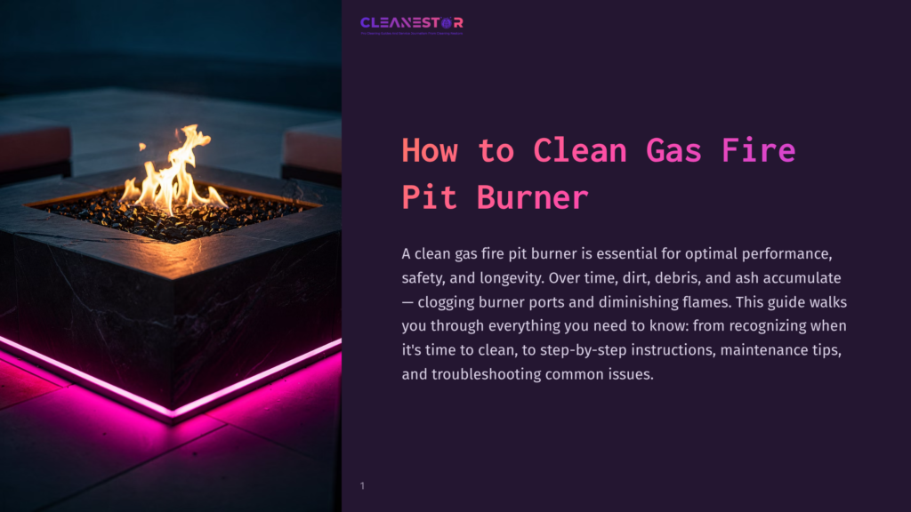 A Modern Square Gas Fire Pit Burner With Glowing Orange Flames And Purple Led Lighting, On A Dark Stone Surface. Text Overlay: &Quot;Cleanestor - How To Clean Gas Fire Pit Burner&Quot;.