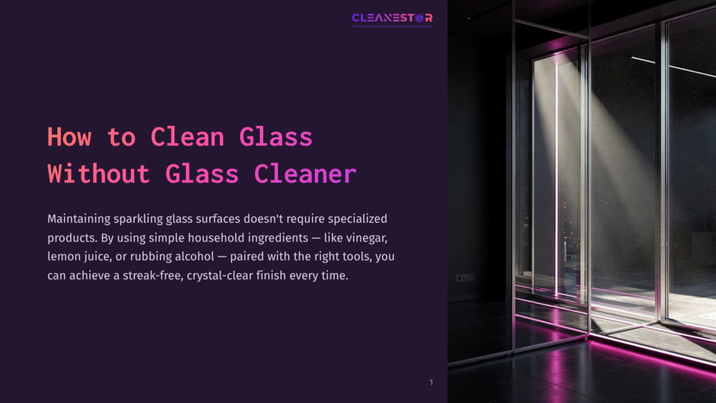 A Modern Interior With Large, Clear Glass Doors Reflecting Purple Light; Text In Bold White And Pink Outlines Cleaning Tips Using Household Items.