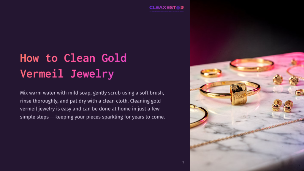 A Collection Of Gold Vermeil Jewelry Pieces, Including Rings And A Bracelet, Displayed On A Marbled Surface With A Purple Background.