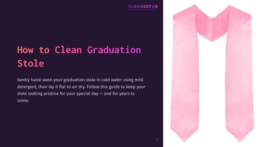 A Pink Graduation Stole Laid Flat On A White Background, Next To Text Explaining Cleaning Instructions.