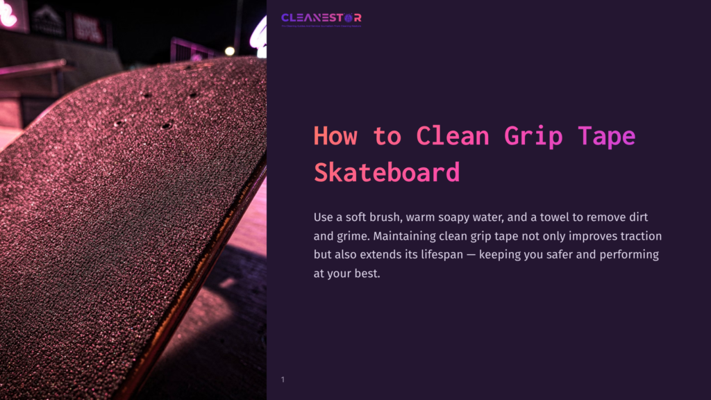 1 How To Clean Grip Tape Skateboard Close-Up Of Skateboard Grip Tape, Textured And Dark, With Subtle Pink And Purple Lighting. Text Overlay Reads &Quot;How To Clean Grip Tape Skateboard&Quot;.