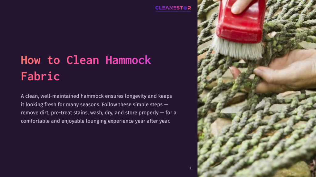 Close-Up Of A Person'S Hands Using A Red Brush To Clean A Green Hammock Made Of Thick Rope. The Background Is Blurred And Shows Natural Elements.