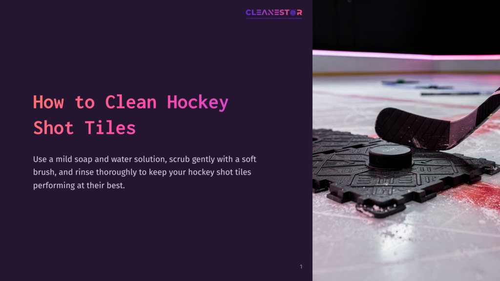 1 How To Clean Hockey Shot Tiles A Hockey Stick And Puck Rest On A Black Interlocking Tile Surface, Resembling A Hockey Shot Training Surface, With An Ice Rink Visible In The Background. Text On The Left Reads &Quot;How To Clean Hockey Shot Tiles.