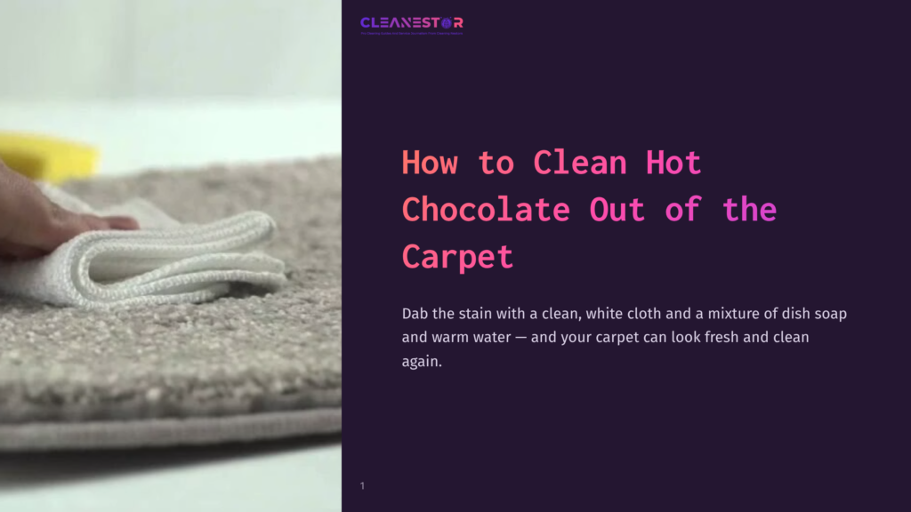 Close-Up Of A Hand Dabbing A Chocolate Stain On Light Carpet With A White Cloth, Against A Dark Background With Text Instructions.