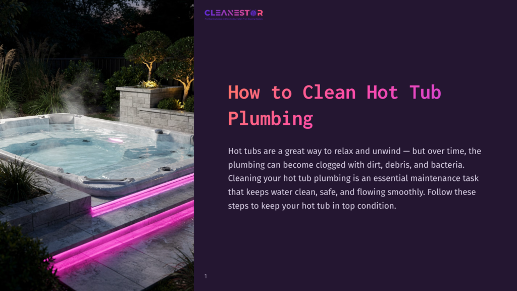 Cleanestor Logo On A Dark Purple Background With Text &Quot;How To Clean Hot Tub Plumbing.