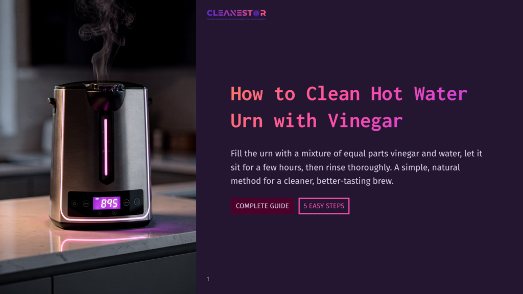 Close-Up Of A Modern Silver And Black Hot Water Urn With A Pink Glowing Display Showing 89.5 Degrees, Steam Rising From The Top. The Text &Quot;Cleanestor&Quot; And &Quot;How To Clean Hot Water Urn With Vinegar&Quot; Is Visible.