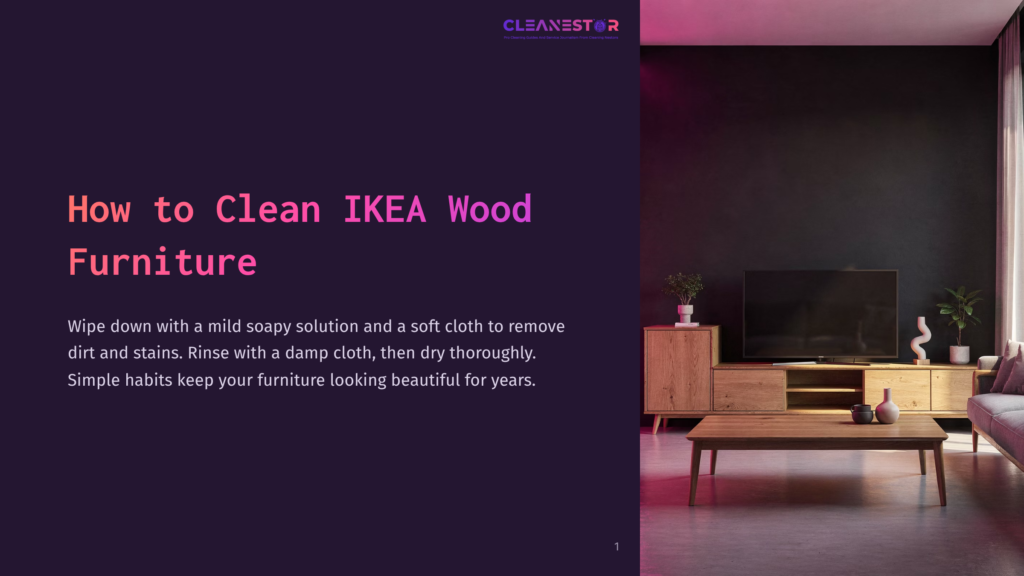 Modern Living Room With Dark Walls, Featuring A Wooden Media Console, Coffee Table, And Sofa. Text Overlay Reads &Quot;How To Clean Ikea Wood Furniture&Quot; And &Quot;Cleanestor&Quot;.