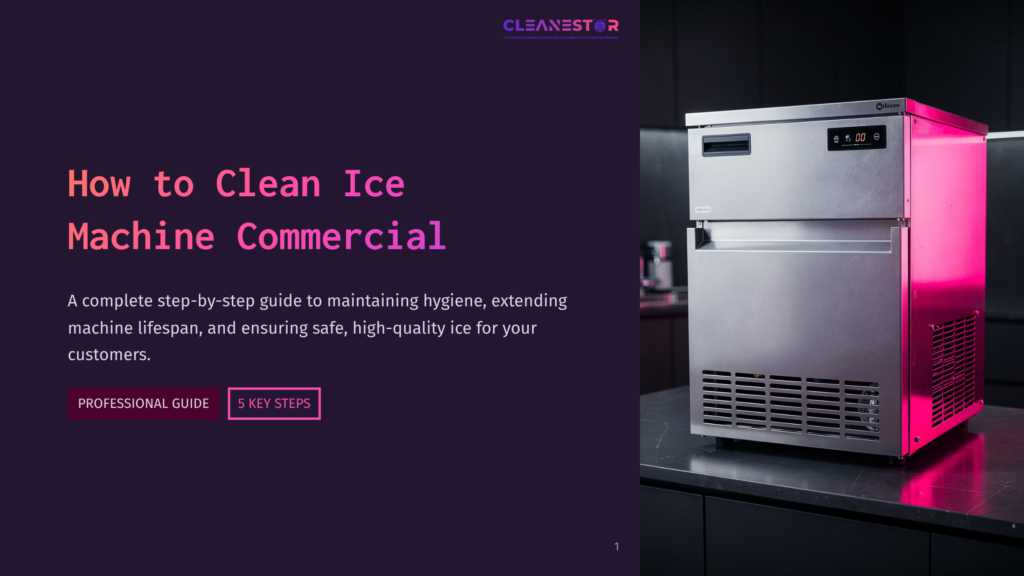 Cleanestor Commercial Ice Machine On A Dark Countertop, With Pink And Purple Lighting. Text Overlay Reads &Quot;How To Clean Ice Machine Commercial&Quot; And &Quot;5 Key Steps&Quot;.