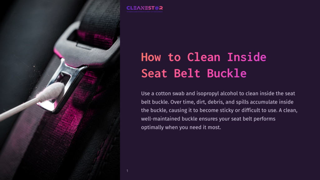 Close-Up Of A Seat Belt Buckle With A Cotton Swab Cleaning Inside, Featuring A Dark Purple Background And Text On A Light Background.