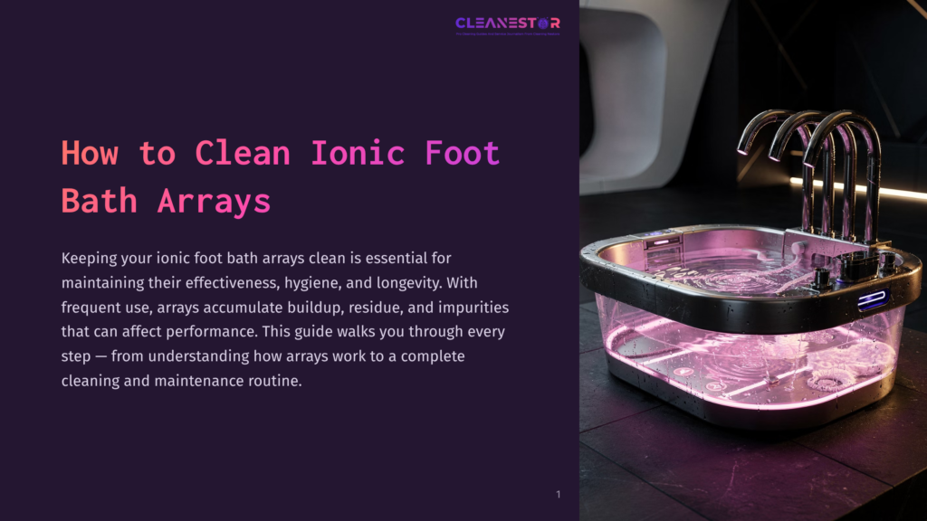 Cleanestar Logo Above A Modern, Clear Ionic Foot Bath With Glowing Pink Lights, Multiple Chrome Faucets, And Swirling Water. Text Reads &Quot;How To Clean Ionic Foot Bath Arrays.