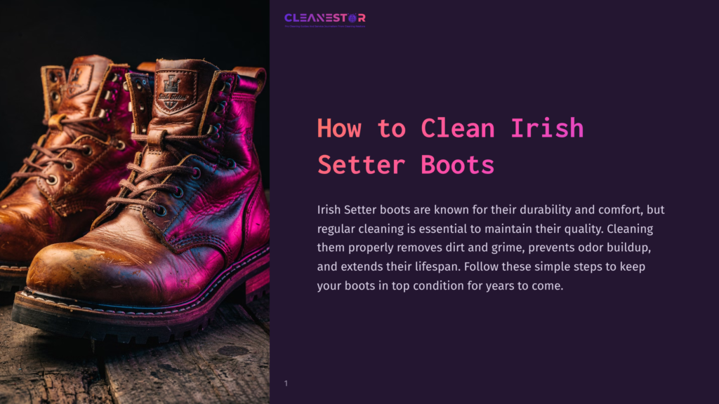 Brown Irish Setter Boots With A Glossy Finish, Placed On A Dark Surface, Surrounded By A Soft Glow Of Purple Light.