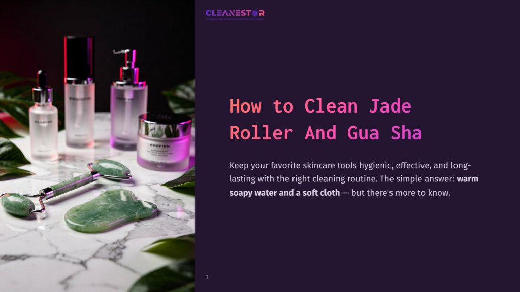 A Jade Roller And Gua Sha Tool On A Marble Surface With Skincare Bottles In The Background, Featuring Soft Pink And Purple Lighting.