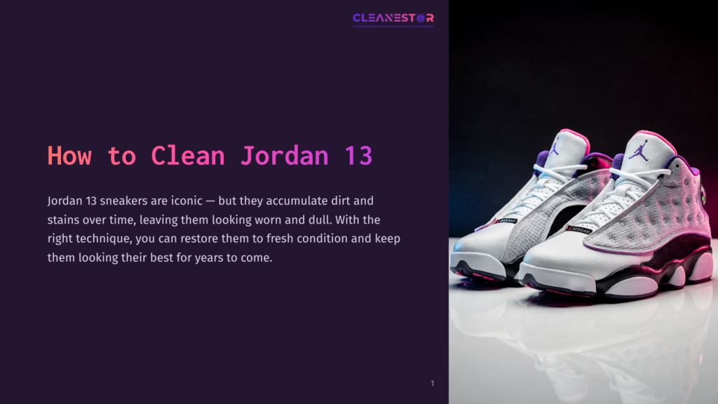 A Pair Of White And Purple Air Jordan 13 Sneakers Are Displayed On A Reflective Surface With A Dark Background. The Text &Quot;Cleanestar&Quot; Is Visible In The Upper Left Corner.
