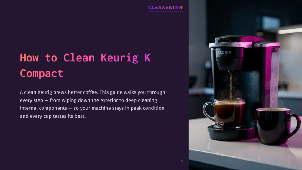 A Black Keurig Coffee Maker Brews Coffee, With A Cup Beside It On A Light Countertop, Against A Dark Background.