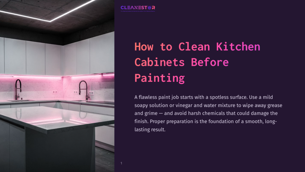 1 How To Clean Kitchen Cabinets Before Painting Modern Kitchen With White Cabinets, A Marble Countertop, And Pink Under-Cabinet Lighting. The Text &Quot;Cleanestor&Quot; And &Quot;How To Clean Kitchen Cabinets Before Painting&Quot; Is Visible.