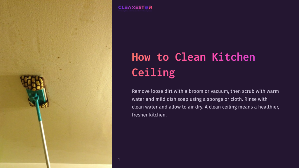 Close-Up Of A Textured Yellow Ceiling With Subtle Stains, Alongside Cleaning Instructions In Bold Pink Text On A Dark Background.