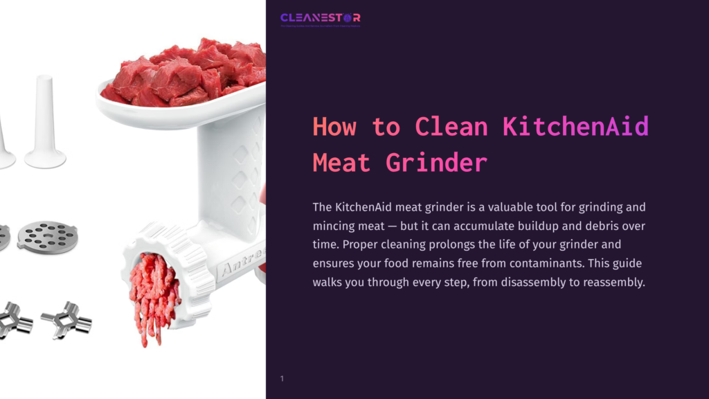 Cleanestor Logo Above A Close-Up Of A White Kitchenaid Meat Grinder With A Hopper Full Of Raw Red Meat, Ready For Cleaning. Includes Grinding Plates And Cutting Blades.