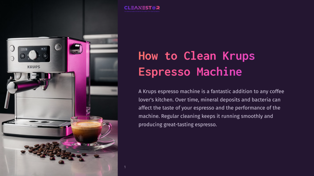 Silver Krups Espresso Machine On A Countertop, With A Cup Of Espresso And Coffee Beans In Front, Set Against A Dark Background.