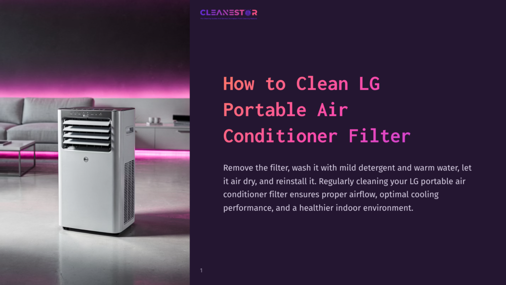 1 How To Clean Lg Portable Air Conditioner Filter Lg Portable Air Conditioner In A Modern Living Room. The Text &Quot;How To Clean Lg Portable Air Conditioner Filter&Quot; Is Displayed.