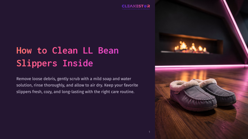 1 How To Clean Ll Bean Slippers Inside Close-Up Of Cozy Ll Bean Slippers On A Wooden Floor, With A Fireplace And Modern Decor In The Background. Text Overlay: &Quot;How To Clean Ll Bean Slippers Inside.