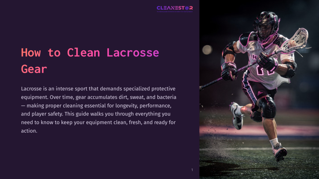 Lacrosse Player In Full Gear, Mid-Stride On A Dark Field With Neon Pink Accents On His Uniform. The Text &Quot;How To Clean Lacrosse Gear&Quot; Is Prominently Displayed On The Left.