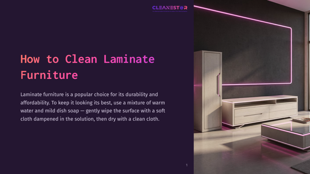 Cleanestor Logo At The Top Of A Dark Purple Slide, With Text &Quot;How To Clean Laminate Furniture.&Quot; The Text Explains How To Clean Laminate Furniture With Mild Dish Soap And A Damp Cloth. A Modern Living Room With A Light Wood Cabinet And Tv Stand Is Visible On The Right.