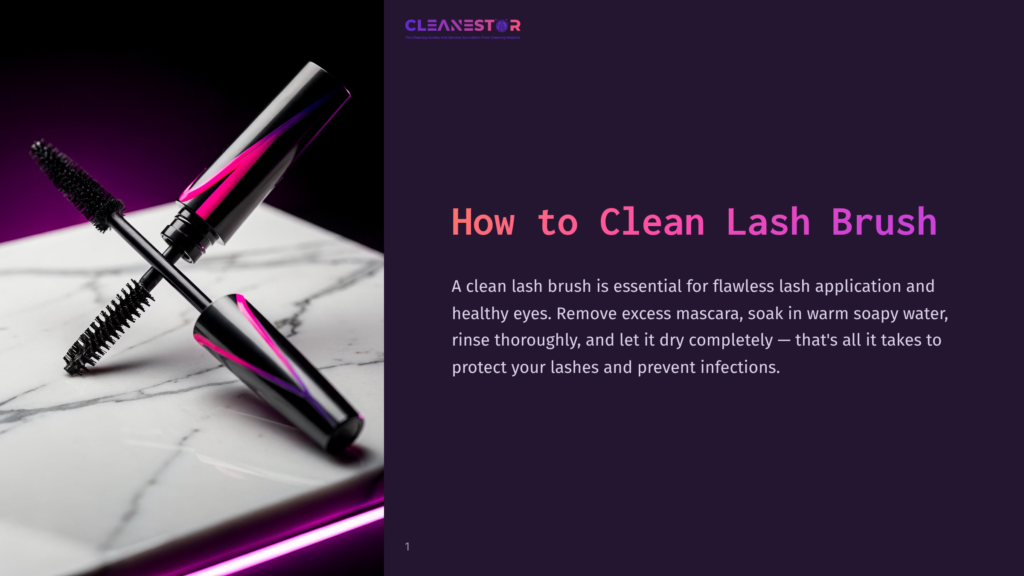 A Black And Pink Mascara Wand With A Purple Ombre Design Rests On A White Marble Surface, Illuminated By Bright Pink Lighting. Text Reads &Quot;Cleanestor&Quot; And &Quot;How To Clean Lash Brush&Quot;.
