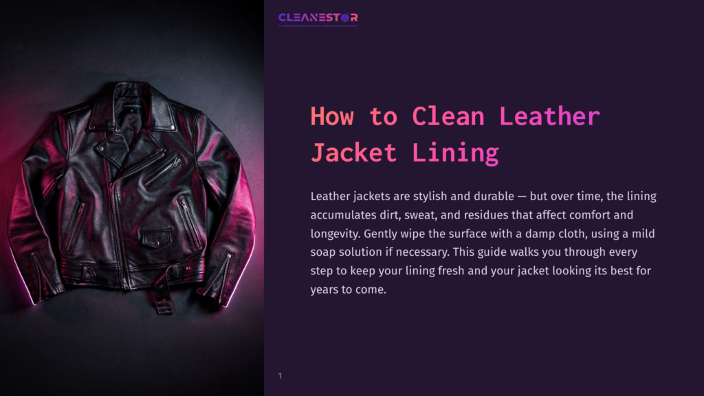 1 How To Clean Leather Jacket Lining A Black Leather Motorcycle Jacket Hangs On A Dark Background, Illuminated By Pink And Purple Lighting. Text On The Right Reads &Quot;How To Clean Leather Jacket Lining.