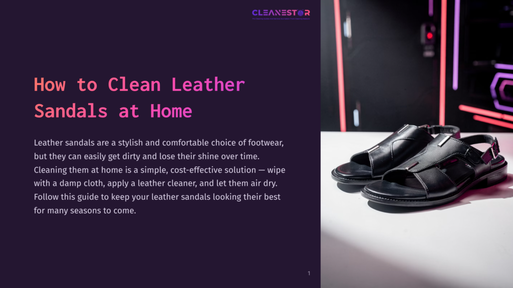 1 How To Clean Leather Sandals At Home Black Leather Sandals With A Buckle Closure Sit On A White Surface, With A Blurred Background Of Colorful Lights. The Text &Quot;How To Clean Leather Sandals At Home&Quot; Is Visible On The Left.