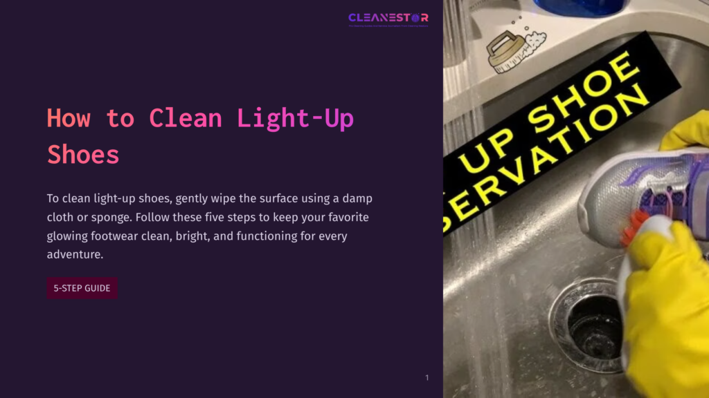 A Pair Of Light-Up Shoes Resting On A Sink, With A Hand Holding A Damp Cloth, And Cleaning Supplies Visible In The Background.