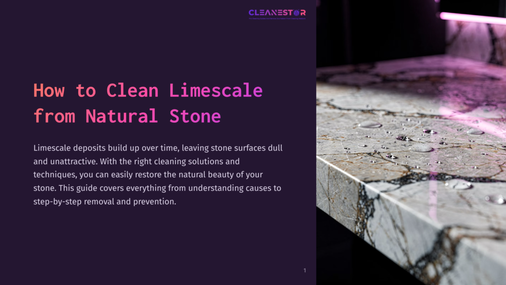 1 How To Clean Limescale From Natural Stone Close-Up Of Water Droplets On A Polished Natural Stone Countertop With A Marble-Like Pattern, Illuminated By Purple Lighting. The Text &Quot;How To Clean Limescale From Natural Stone&Quot; Is Overlaid On A Dark Purple Background On The Left.