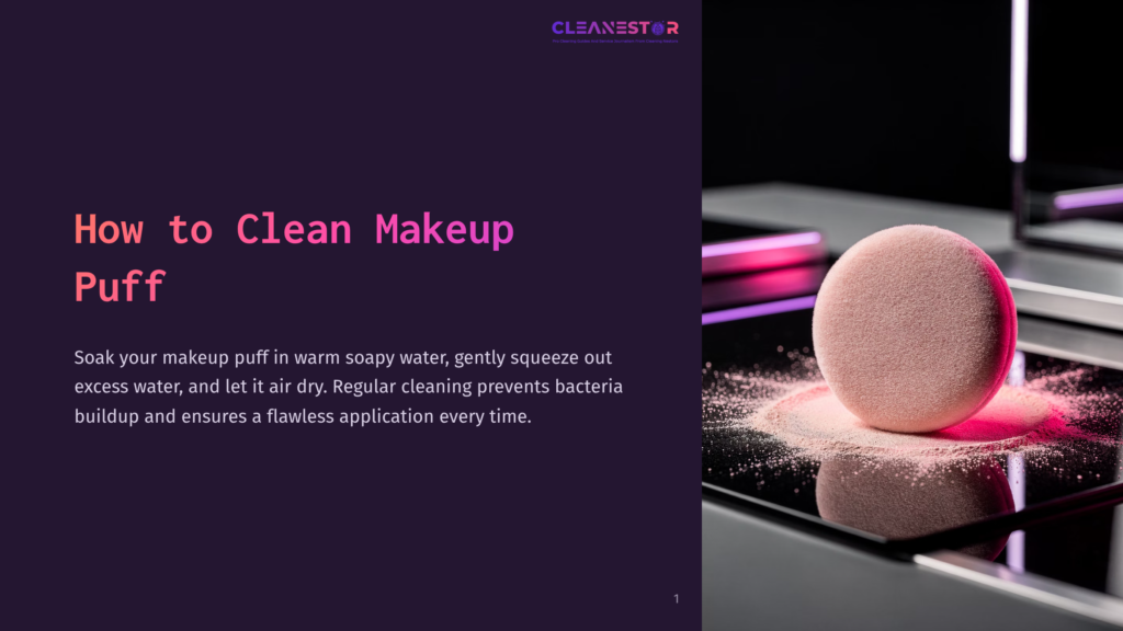 A Pink Makeup Puff Rests On A Reflective Surface, With A Dark Background And Purple Accents Highlighting Cleaning Tips.