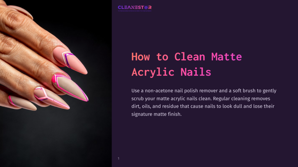 Close-Up Of A Hand With Long, Matte Acrylic Nails Featuring A Stylish Pink And Beige Design With Sharp Geometric Accents. The Text &Quot;How To Clean Matte Acrylic Nails&Quot; Is Visible On The Right.