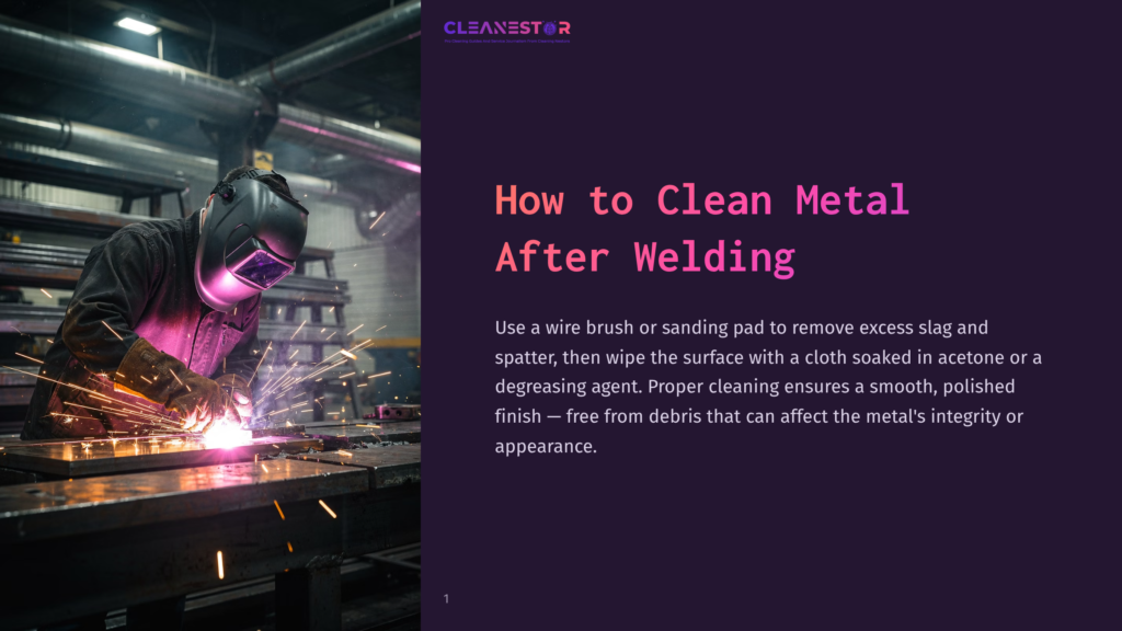 A Welder In A Protective Helmet And Gloves Intensely Focuses On A Metal Piece, Sparks Flying From The Welding Torch In A Dimly Lit Industrial Workshop. The Image Is Overlaid With The Title &Quot;How To Clean Metal After Welding&Quot; From Cleanestor.