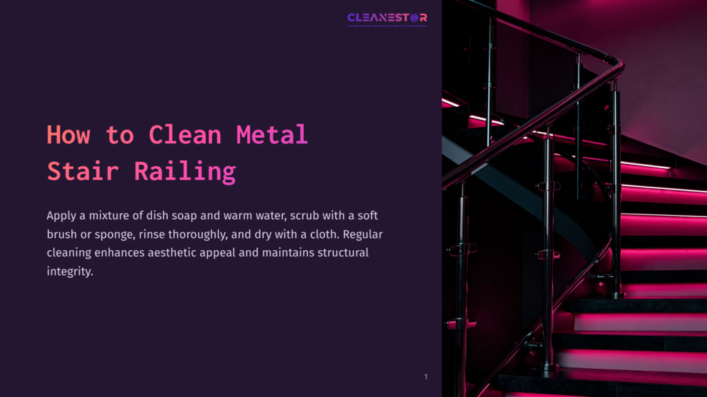 A Modern Metal Stair Railing With Integrated Led Lighting In Shades Of Pink And Purple, Illuminating The Steps. Text Overlay Reads: &Quot;How To Clean Metal Stair Railing.