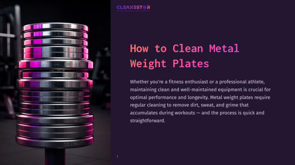 Shiny Metal Weight Plates Stacked In A Gym Setting, With A Purple And Pink Gradient Backdrop, Emphasizing Cleanliness And Fitness.