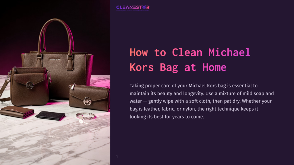 A Brown Michael Kors Handbag And Matching Wallet On A Marble Surface, With Cleaning Supplies Visible, Highlighting Luxury And Care.
