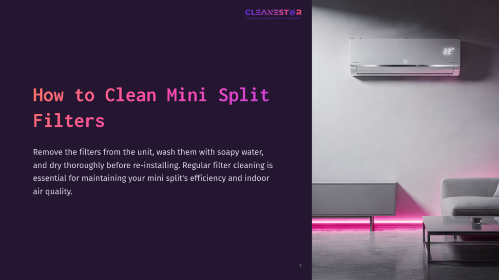 Cleanestor Logo And &Quot;How To Clean Mini Split Filters&Quot; Text On A Dark Purple Background, With A Modern Mini Split Air Conditioner Unit Mounted On A Wall Above A Grey Couch And A Coffee Table In The Background.