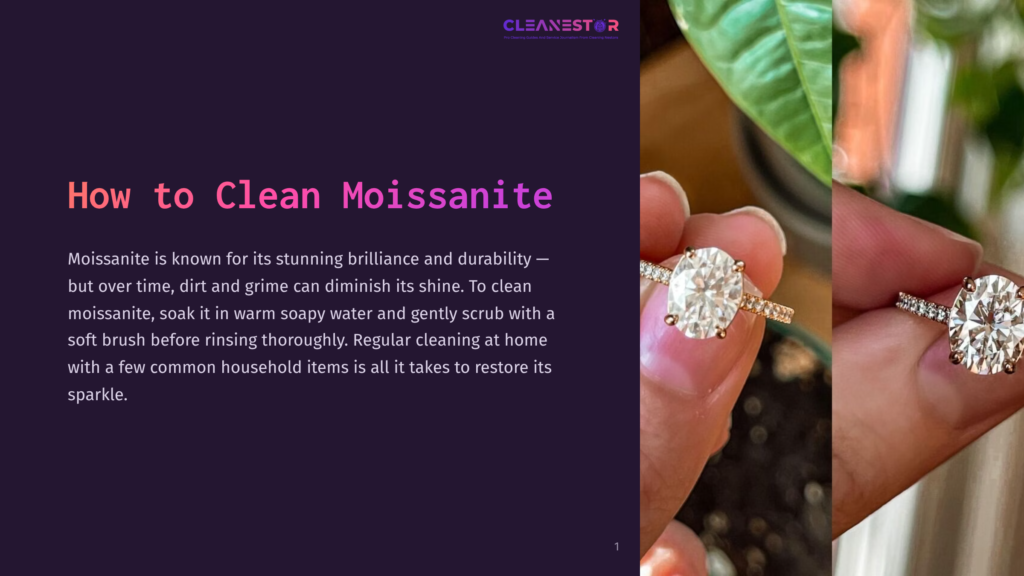 1 How To Clean Moissanite A Hand Holds A Sparkling Round Moissanite Ring Above Dark Soil And A Green Plant, Illustrating Its Shine And Beauty.