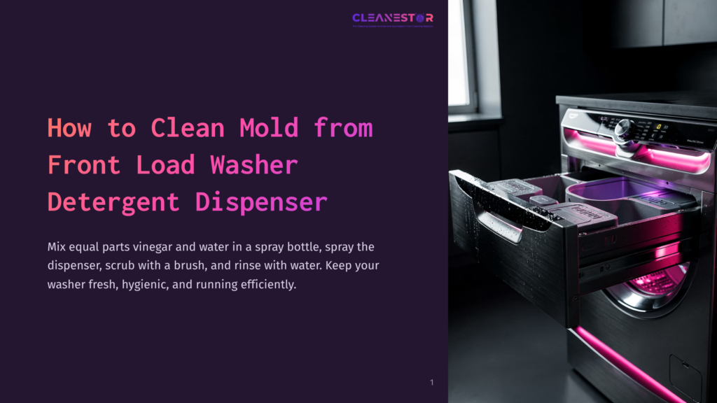 1 How To Clean Mold From Front Load Washer Detergent Dispenser Front Load Washer Detergent Dispenser Pulled Out, Showing Compartments And Pink Led Lighting. The Text &Quot;How To Clean Mold From Front Load Washer Detergent Dispenser&Quot; Is Visible.